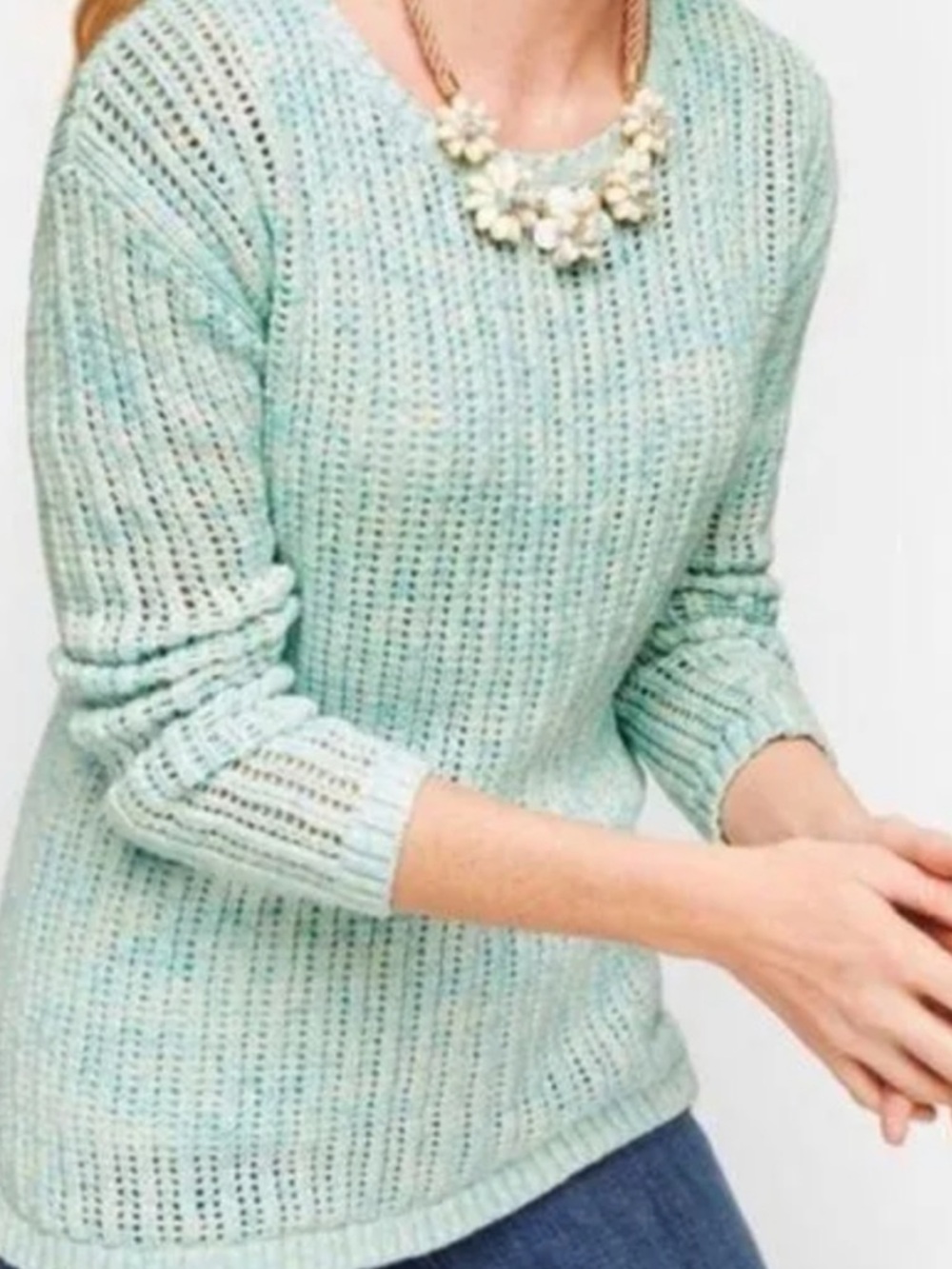 Talbots Open Knit Beach Sweater Tiffany Blue Heather Scoop Neck Side Slits Large
